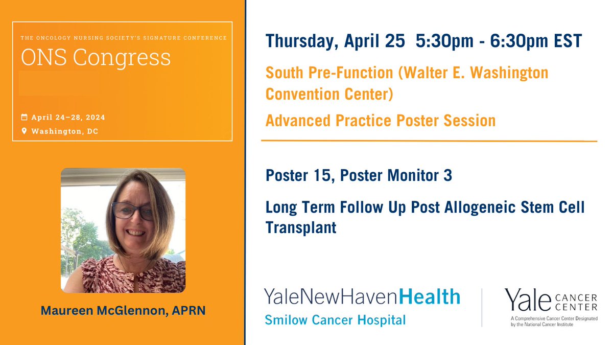 Today at 5:30pm, Maureen McGlennon, APRN, will present results of a project on an advance practice provider (APP) driven survivorship intervention for adult allogeneic transplant patients. #ONSCongress #ONS24 ons.confex.com/ons/2024/meeti… @SmilowCancer @YaleMed @YNHH @AxtmayerAlfredo