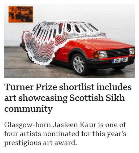 Turner Prize Art finalist is a car with nans tablecloth on it.

Discuss.