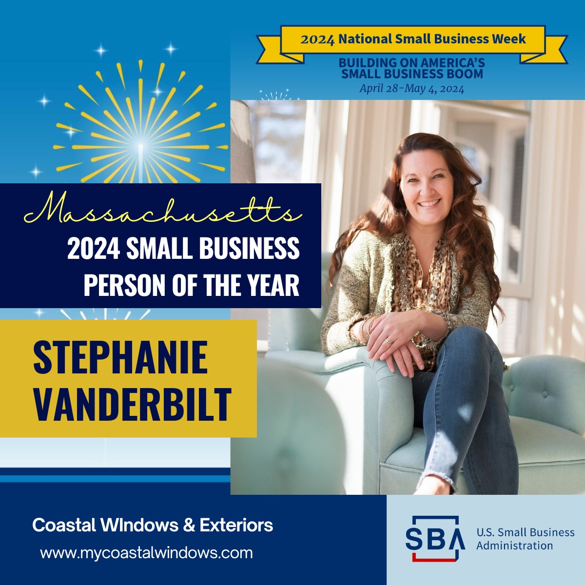 🏆 Congratulations! The 2024 #Massachusetts Small Business Person of the Year is Stephanie Vanderbilt, Owner of Coastal Windows & Exteriors Inc. @CWindowsExt #SmallBusinessWeek