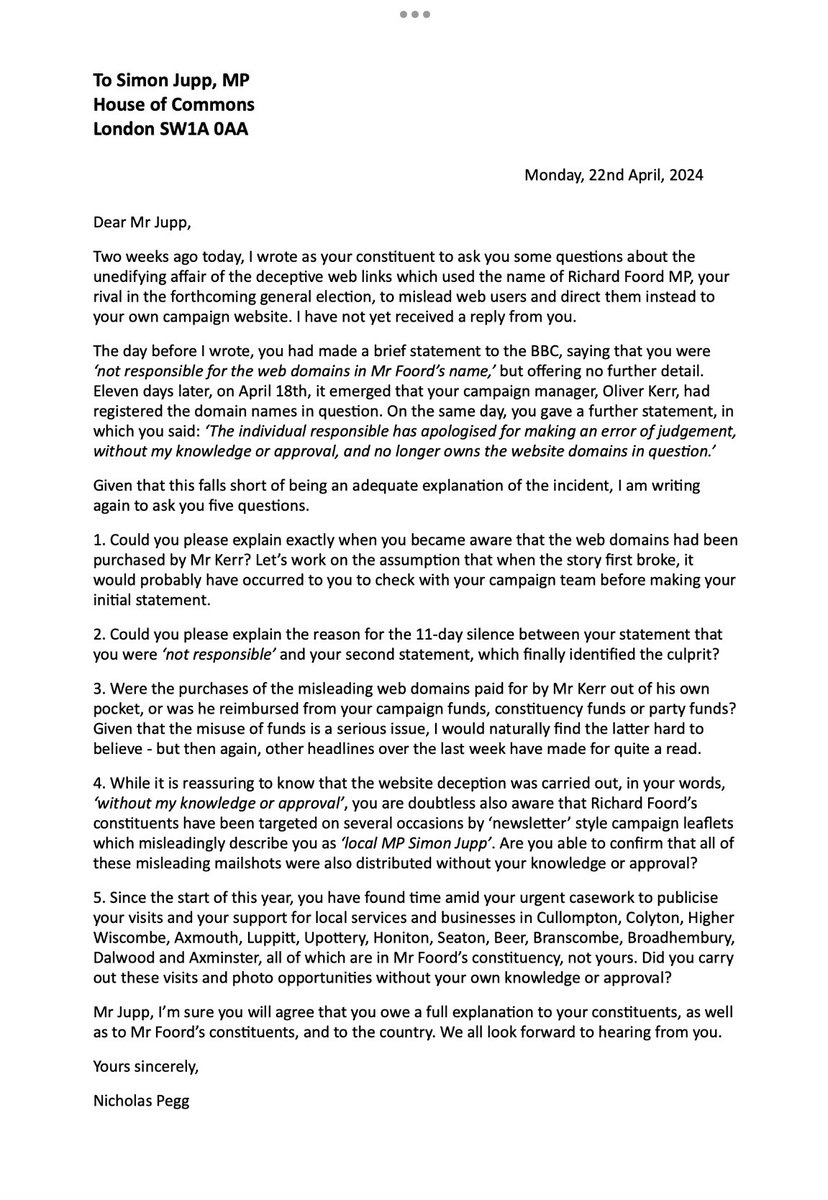 PicklesXminster's tweet photo. While we all eagerly await seeing a reply from Simon #Jupp to Mr. Pegg’s letter (see below) - tick tick tick - more evidence that the MP for Exmouth appears to be incapable of acting with any degree of accountability, integrity or professionalism (citing Mr Sunak’s own words) https://t.co/tt8EzOL4i1