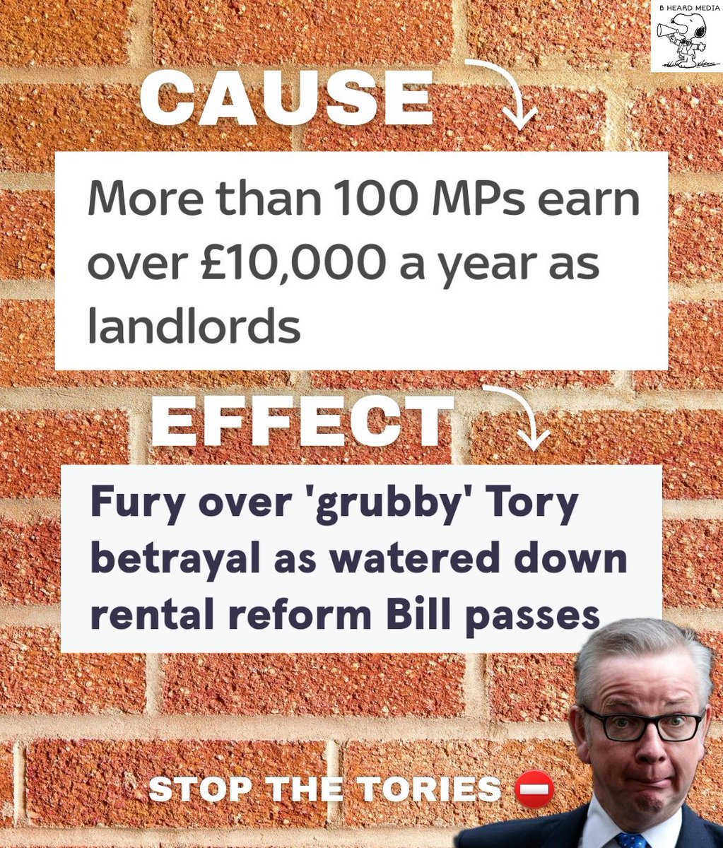 CAUSE...⤵️

More than 100 MPs earn over £10,000 a year as landlords.

EFFECT..⤵️

Michael Gove breaks promise to end no-fault evictions before election!

➡️ 84,650 households have faced eviction since pledge was made by Tories!

#RentersReformBill
#StopTheTories ⛔️
#ToriesOut657