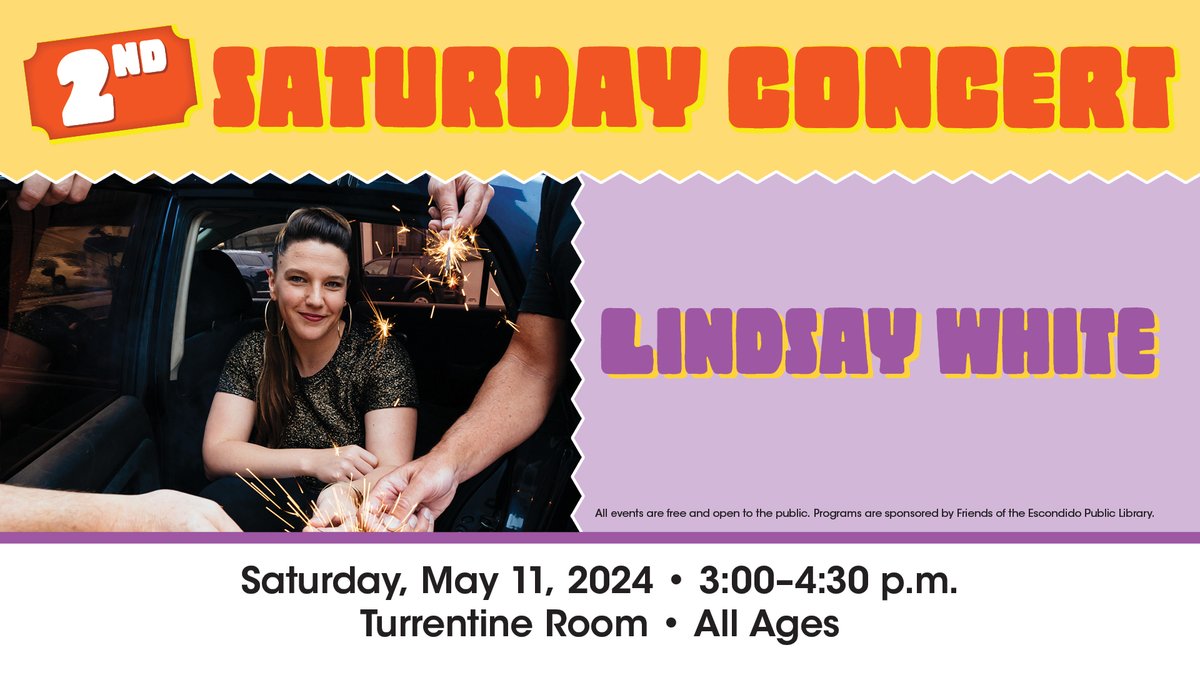 Escondido Library (@escolibrary) on Twitter photo Join us on our Facebook page and upstairs in the Turrentine Room on May 11, 3:00 p.m. to 4:30 p.m. for a live performance from the Lindsay White!
#freeconcert #libraryconcert #freeevent #livemusic #lindsaywhite #singer #songwriter #musician #sandiegocounty #escondidoca Join us on our Facebook page and upstairs in the Turrentine Room on May 11, 3:00 p.m. to 4:30 p.m. for a live performance from the Lindsay White!
#freeconcert #libraryconcert #freeevent #livemusic #lindsaywhite #singer #songwriter #musician #sandiegocounty #escondidoca