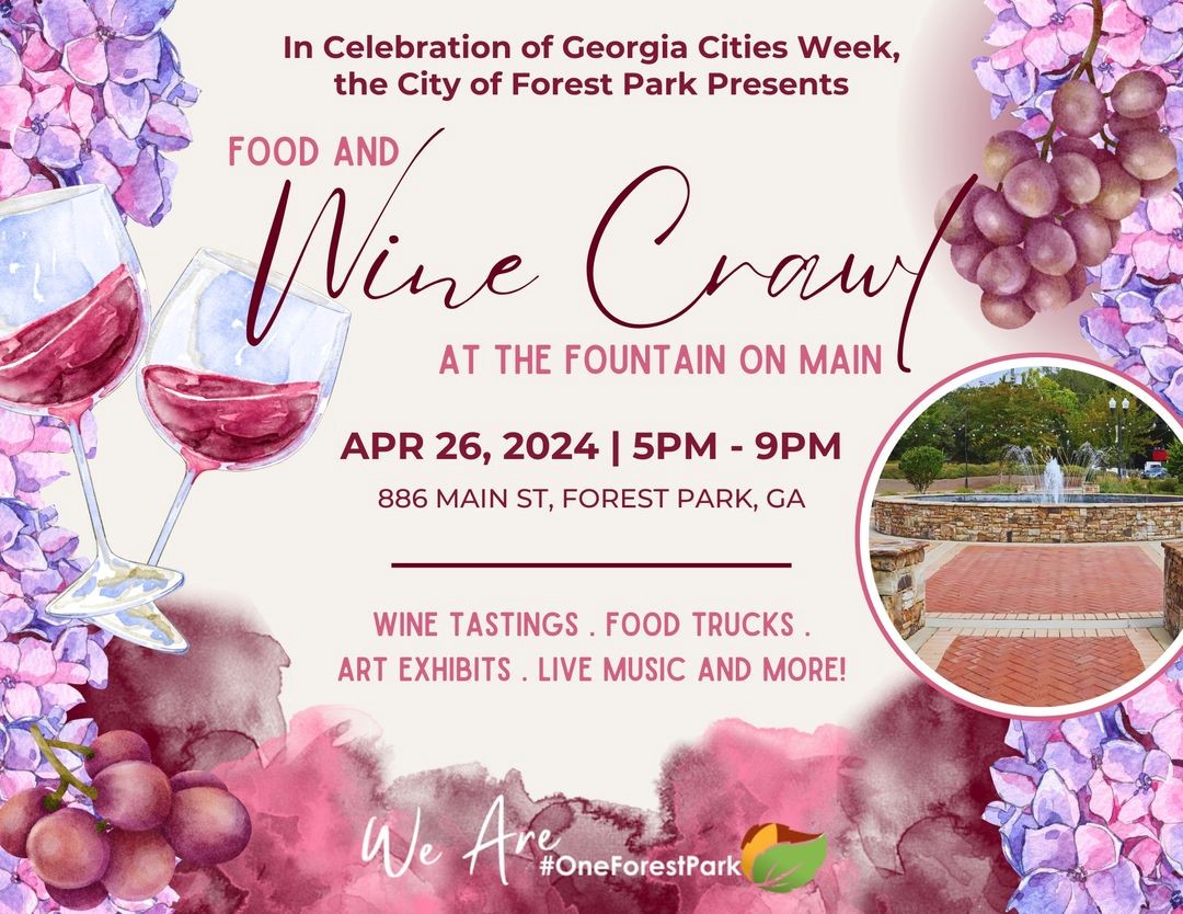 To celebrate #GeorgiaCitiesWeek, we're treating our residents to a one-of-a-kind Food and Wine Crawl at the Fountain on Main Street. Get your taste buds ready for a special night event that will feature good wine, music, food and entertainment. #OneForestPark