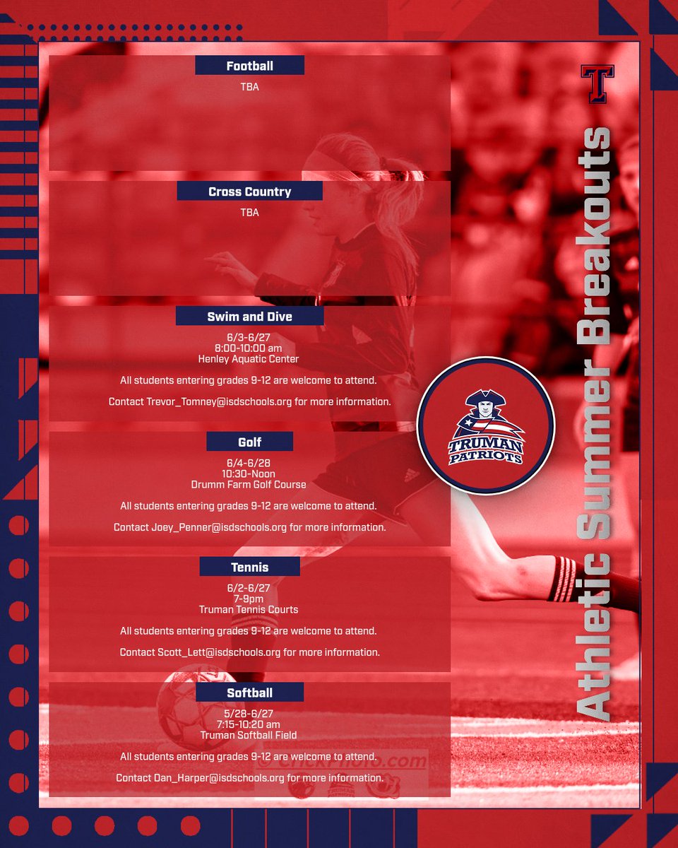 Calling all students entering grades 9-12!  Summer Athletic Breakouts are right around the corner.  If you plan on playing a sport next year at Truman, then you need to be attending summer workouts! 

Please click the following link to sign up today: docs.google.com/forms/d/e/1FAI…