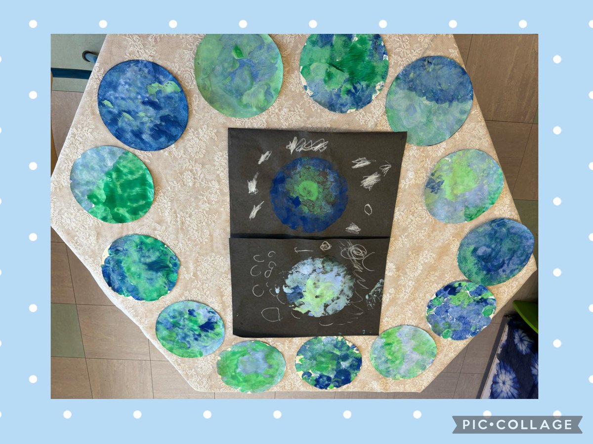 Love how our art work turned out for #worldearthday 🌍💜 we used sponges to mix shades of green and blue on to a round piece of card. Then we pressed it on to black sugar paper and used chalk to create stars 🌟 #eyfs #earlyyears