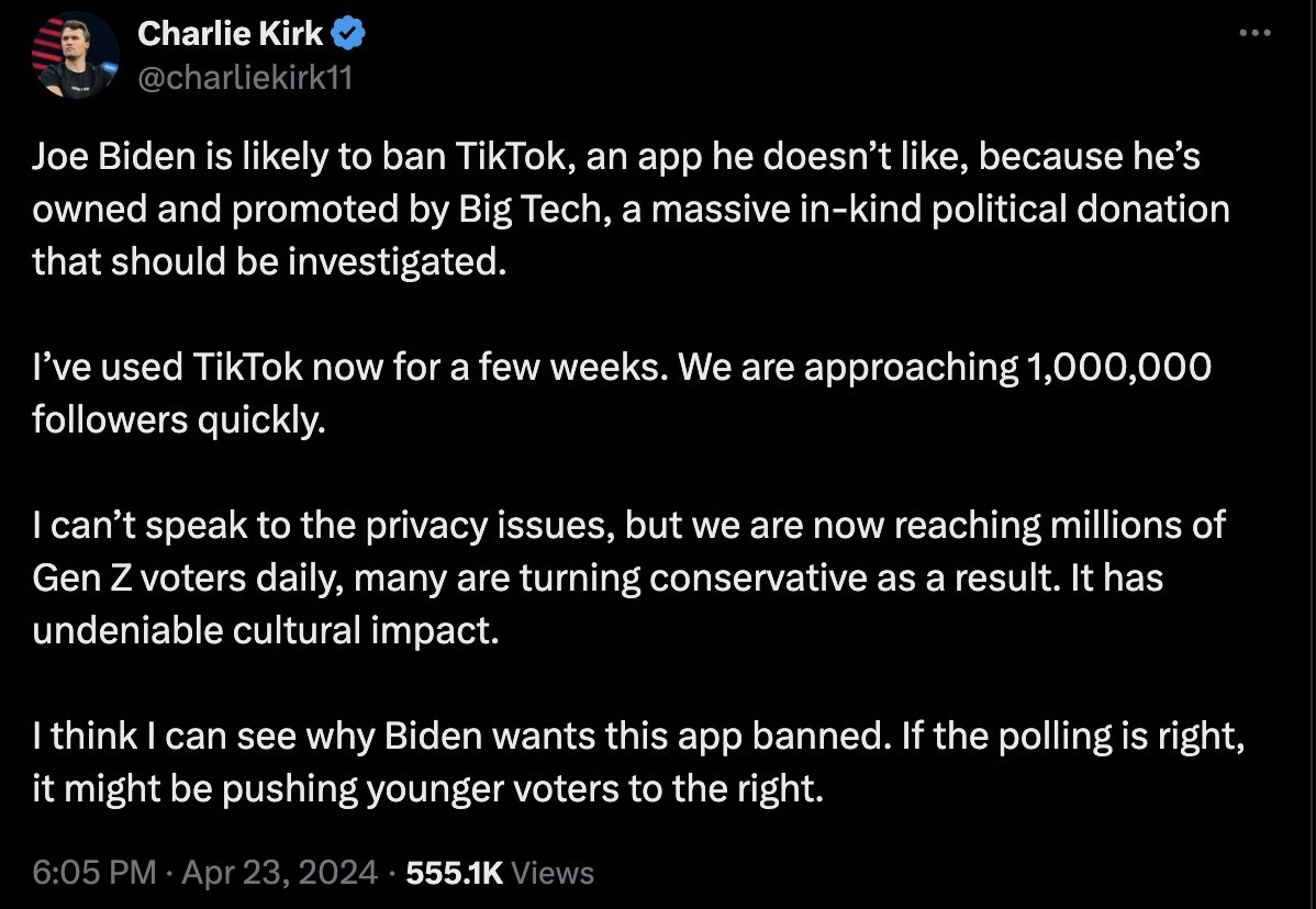 In five months Charlie Kirk went from demanding Speaker Johnson ban TikTok to singing it's praises. Amazing what one billionaire donor that is invested in TikTok can do. How it started: How it's going: