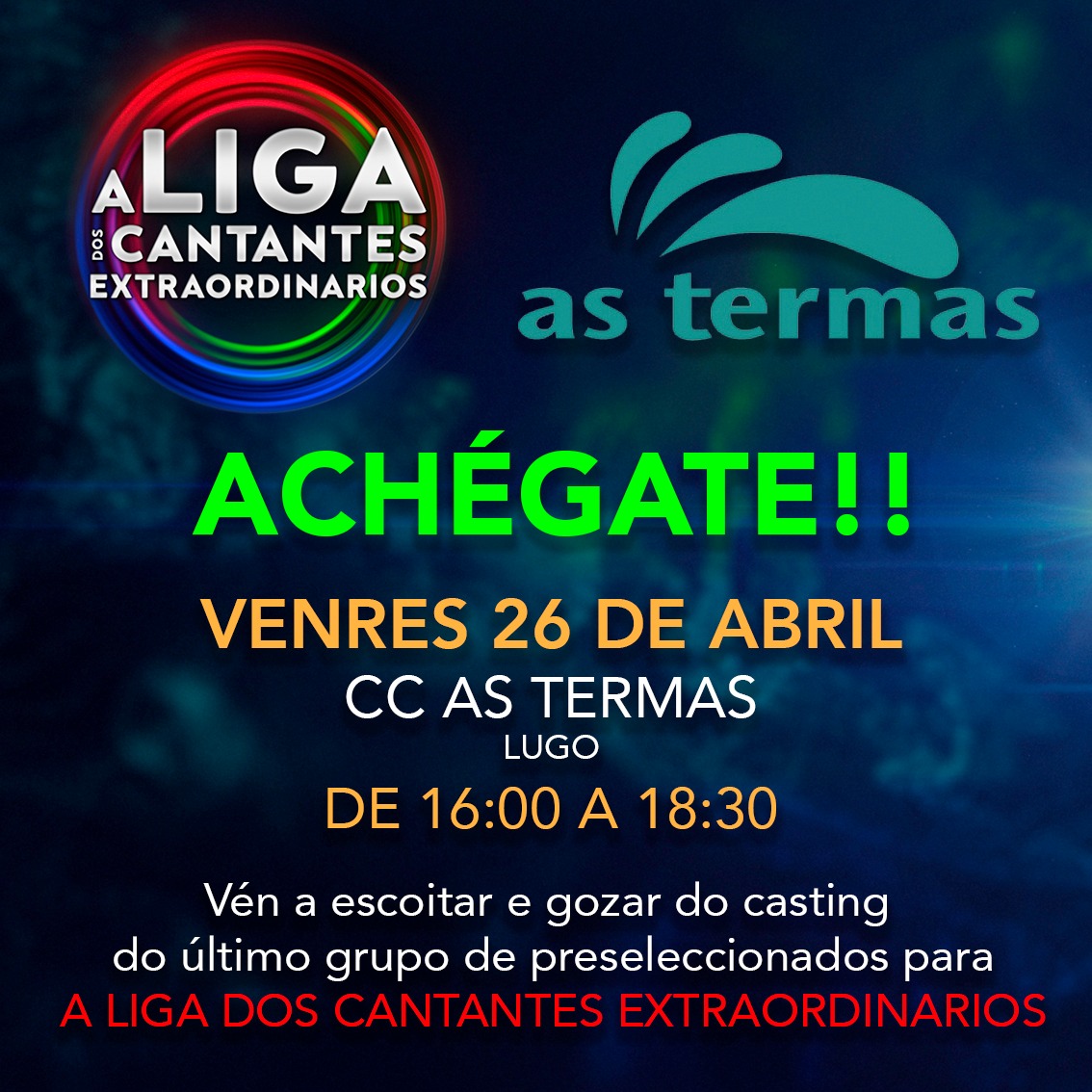 Este venres tes a última oportunidade para ver en directo un dos castings para a nova edición da Liga! Estaremos no Centro Comercial As Tremas de Lugo. Achégate para pasar unha boa tarde connosco!