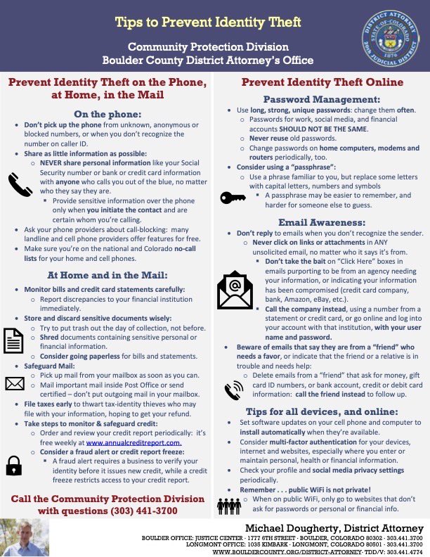 Don't let you or your loved ones fall prey to a phone or email scam! Here are some easy and important steps you can take to protect your identity and your savings. Please RT. #Colorado #fraud #ScamAlert