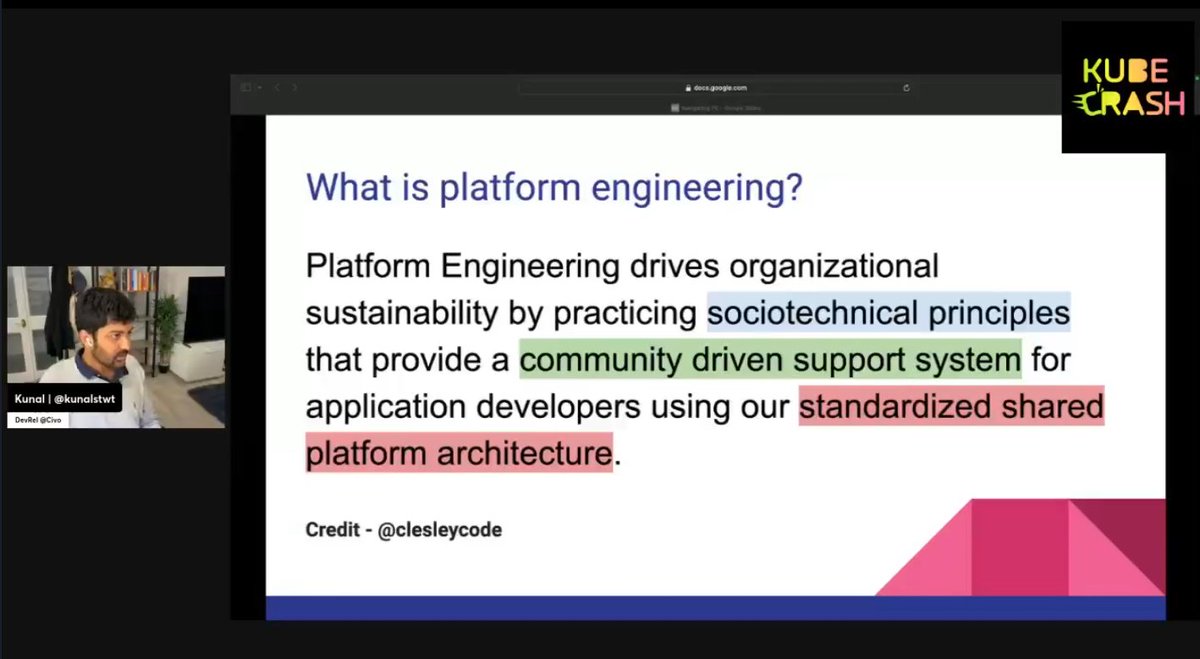 Loving the way @kunalstwt is quoting @clesleycode in his @KubeCrash talk this evening, which I'm guessing he first heard at the @LOPUG meetup a couple of weeks ago where Lesley gave a great presentation. Community knowledge-sharing for the win!! 🎉🏅 #PlatformEngineering