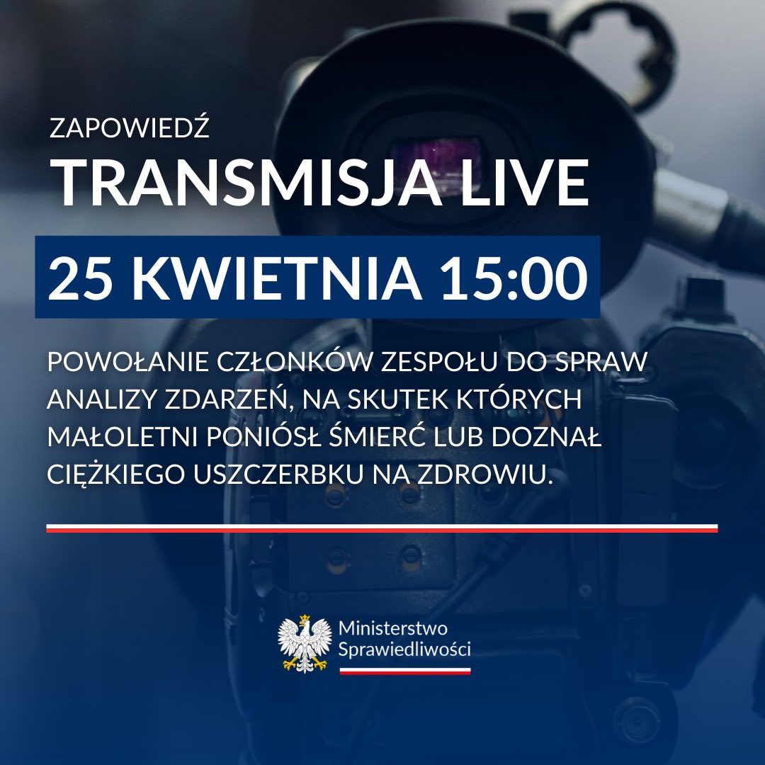 Już jutro o 15:00 odbędzie się transmisja live powołania członków Zespołu ds. analizy zdarzeń, na skutek których małoletni poniósł śmierć lub doznał ciężkiego uszczerbku na zdrowiu. Serdecznie zachęcamy do oglądania wydarzenia na kanałach Ministerstwa Sprawiedliwości.