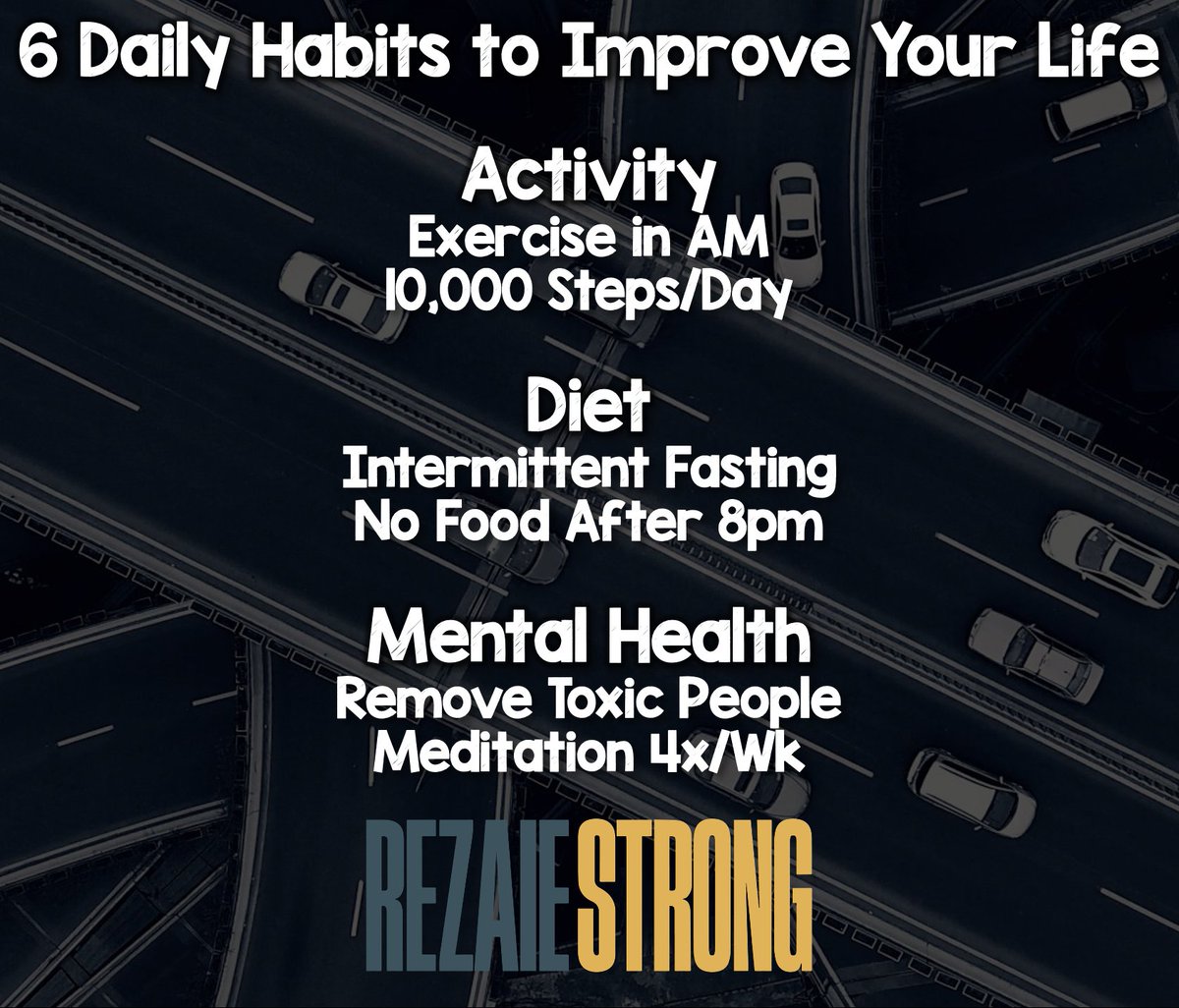 6 Daily Habits to Improve Your Life youtu.be/nwWhpWFrfyA #RezaieStrong #Habits #Life #Activity #MentalHealth #Diet Interested on tips for better mental, emotional and physical growth OR just want some motivation…Subscribe to the RezaieStrong YouTube channel #RezaieStrong