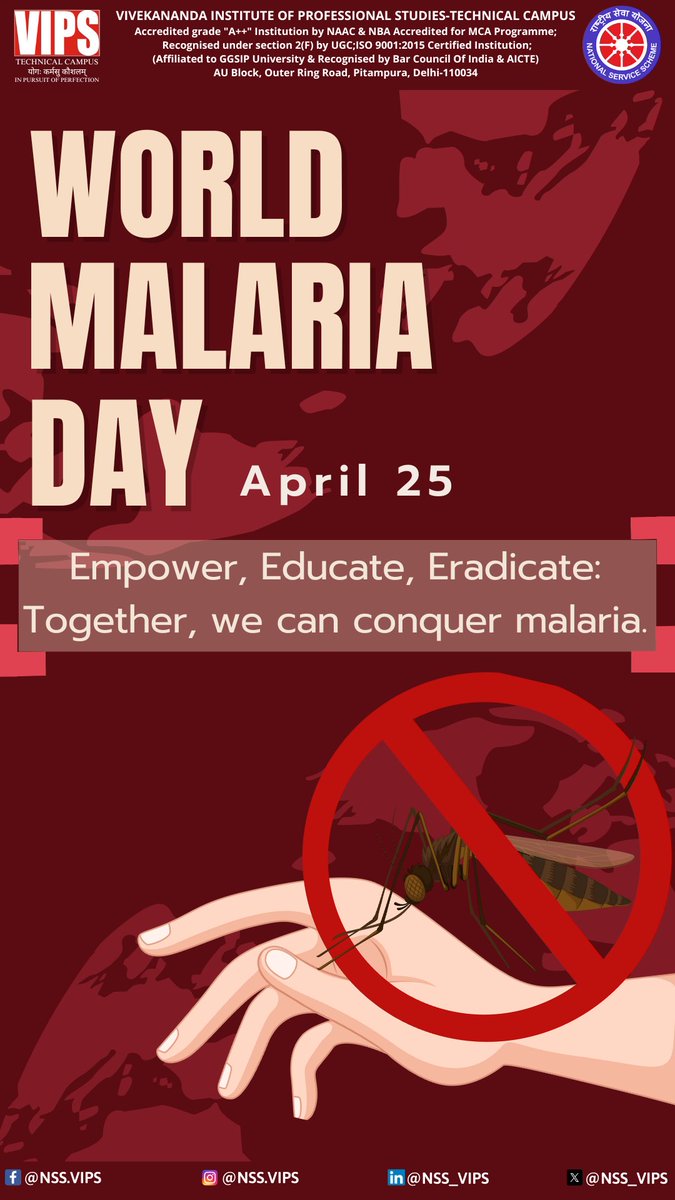 This #WorldMalariaDay, NSS Vips calls for global action to end malaria! Together, we can raise awareness, support prevention efforts, and save lives.

#FightMalaria #NSS #VipsDelhi #HealthForAll #NssVips #NotMeButYou