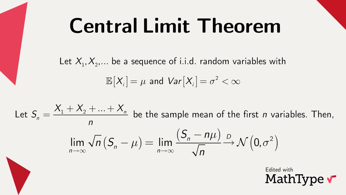 The central limit theorem states that as the sample size of a random variable increases, the distribution of sample means becomes more and more normal, regardless of the underlying distribution of the population. It is fundamental in probability theory and #statistics. #MathType