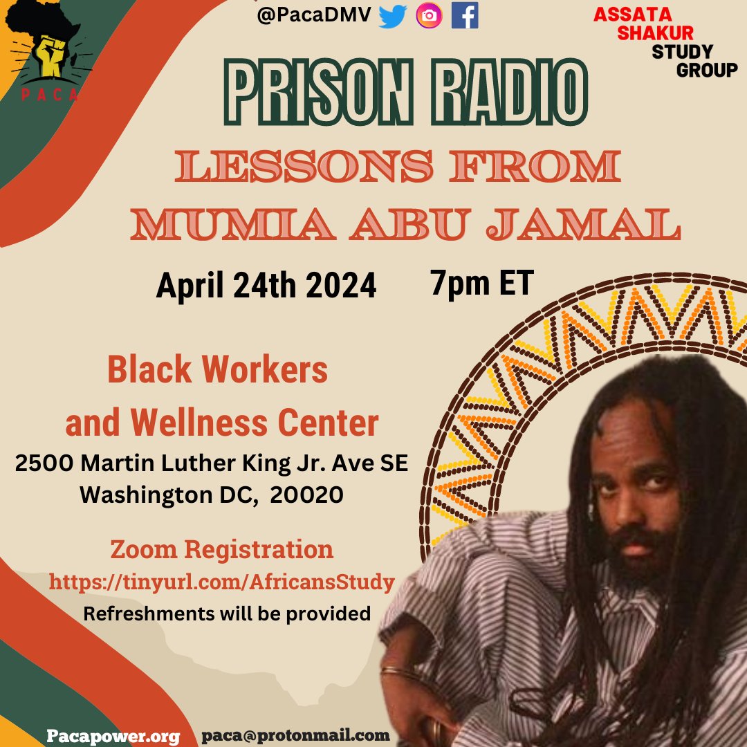 Today is Mumia Abu Jamal's 70th birthday! Join us at 7p ET to read excerpts from Mumia's writings, listen to segments of his broadcasts from Prison Radio and discuss the broader struggle to free all political prisoners. 2500 Martín Luther King Jr Ave, Washington DC 20020