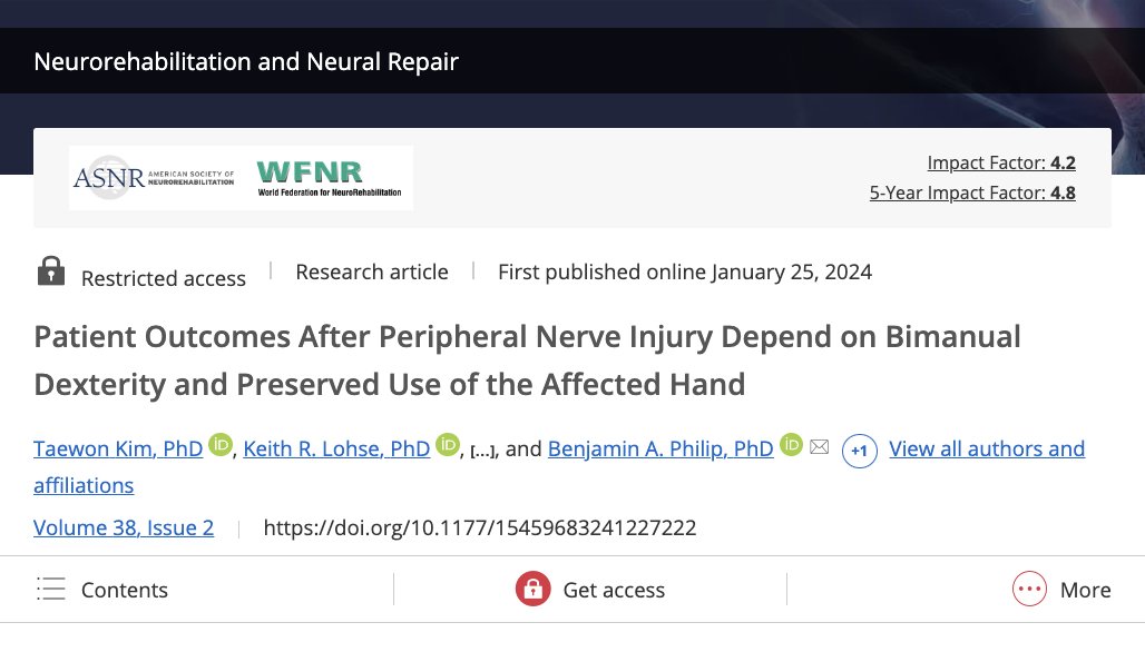 Scientists found that after peripheral nerve injury, poor outcomes were associated with preserved but unused function of the affected hand. #Rehabilitation should promote performance and use of the non-dominant hand & the injured hand to optimize outcomes. journals.sagepub.com/doi/abs/10.117…