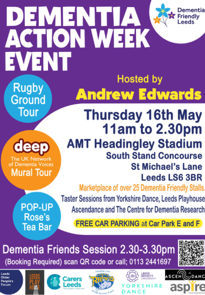 CareQualityLCC's tweet photo. Make plans to attend the Dementia  Action Week Event on Thursday 16th May 11 - 2:30 pm
@LeedsOPF @CarersLeeds @AscendanceDance 
@YorkshireDance @leedsbeckett @leedsrhinos https://t.co/SMFLbbhPsh