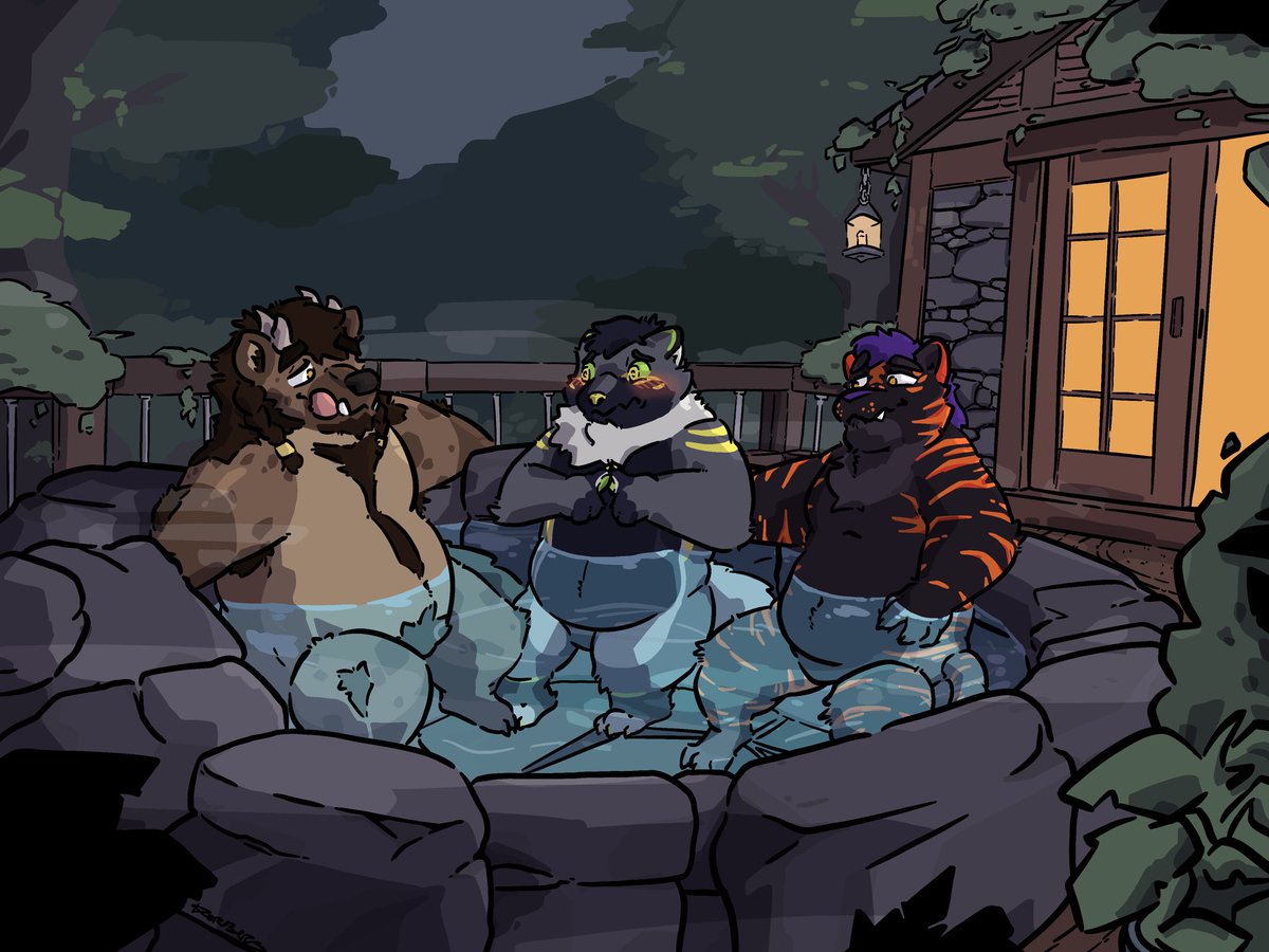 Finished Commission - 
3 dudes chilling in a jacuzzi, and not 5 feet apart~ <a href="/darmetus/">Darmetus</a> <a href="/NyterFluffTiger/">Nyter</a> <a href="/HornYeenDad/">Horn</a> #furry #furryart #Commission