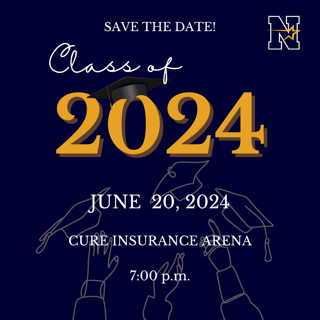 It's almost time for the Nottingham High School Class of 2024 to graduate! Save the date: June 20th, 2024 at the Cure Insurance arena 7:00 p.m.