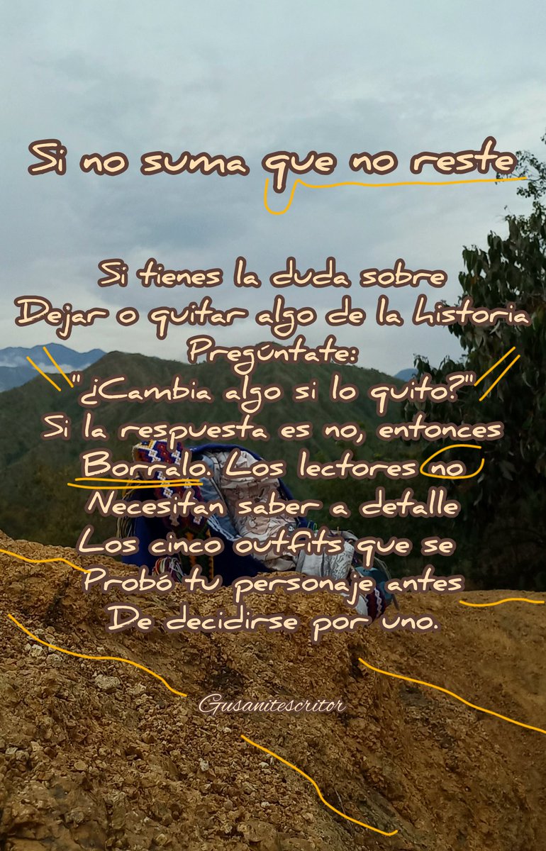 Gusanitescritor's tweet photo. Consejito número no sé cuál que nadie me pidió. A veces caemos en querer contar de más por la pasión que sentimos por nuestra historia, pero no todo el mundo se siente igual y para algunos puede ser tedioso. La pregunta ¿Cambia algo si no lo pongo? Puede ser muy útil 📝
#aureras https://t.co/xXZyBCIYCX