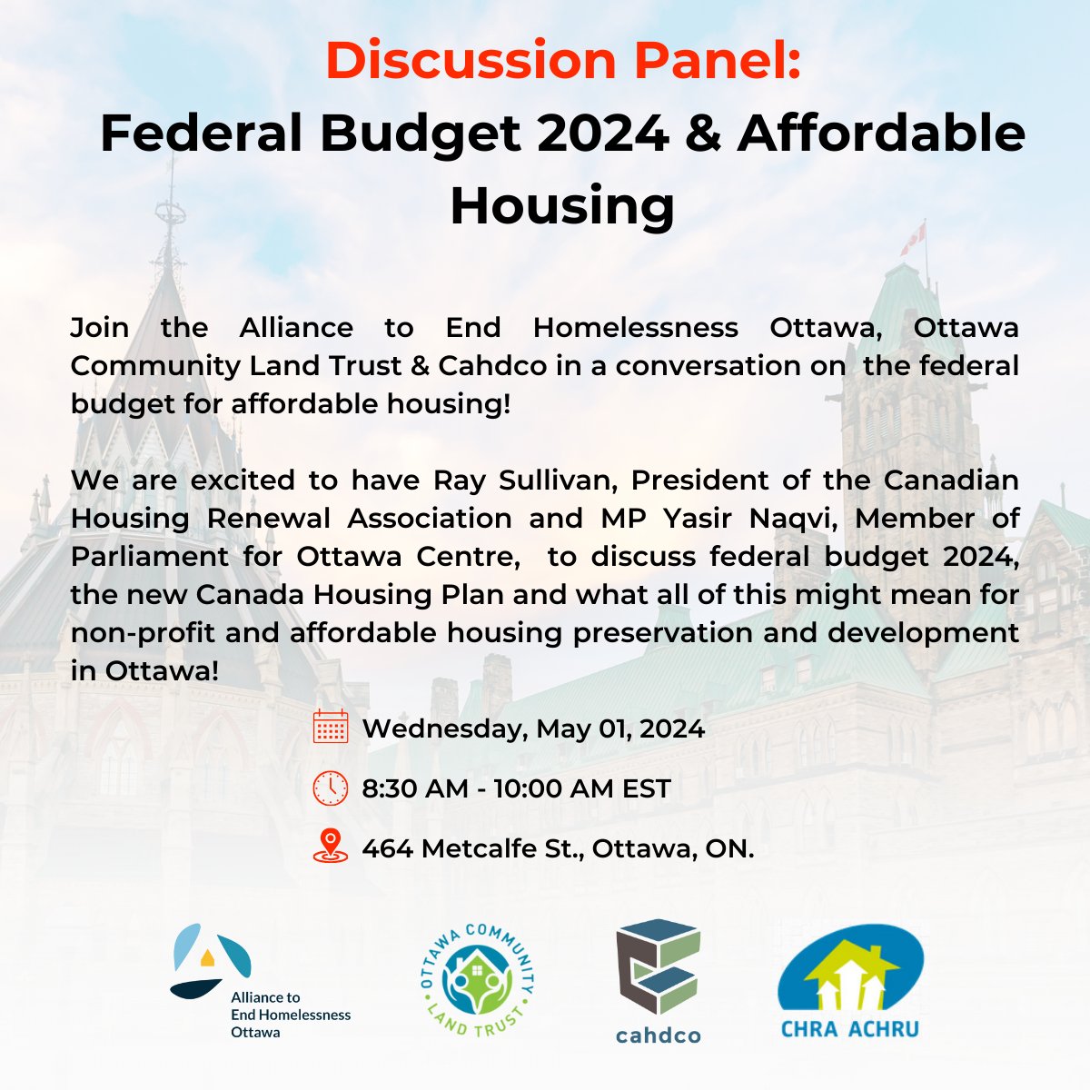 Our next panel discussion will be on "Federal Budget 2024 &amp; Affordable Housing" NEXT WEEK. We are happy to have <a href="/SullivanRay/">Raymond Sullivan (he/him)</a> from <a href="/CHRA_ACHRU/">CHRA-ACHRU</a>  and MP @Yasir_Naqvi,  joining us to break down the budget for affordable housing!
Register here: cahdco.org/events/