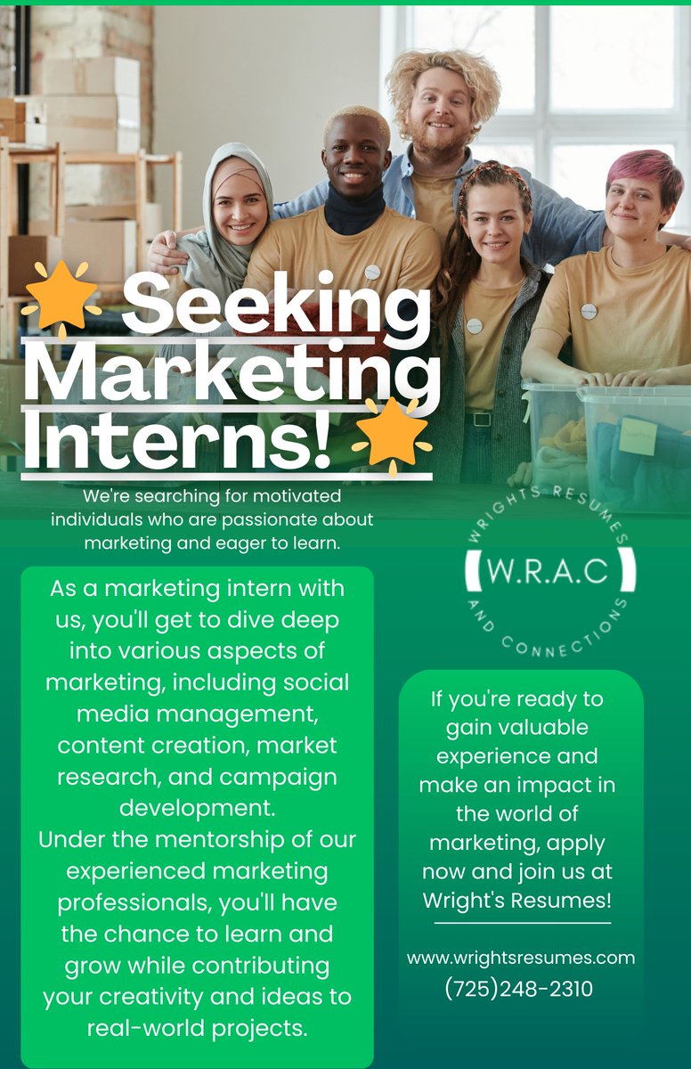 🌟Seeking Marketing Interns!🌟 Passionate about marketing? Join us at Wright's Resumes for an internship that puts you at the forefront of real-world campaigns. Gain hands-on experience and learn from seasoned professionals. #WRAC #Marketing #Seekinginterns #Internshipopportunity