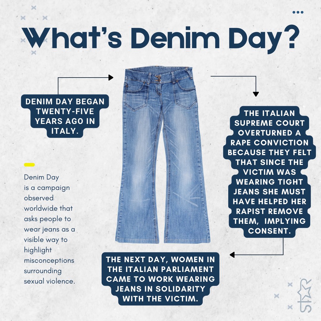 So what is #DenimDay? Denim Day began 25 years ago after the Italian Supreme Court overturned a rape conviction. The court said the victim must have consented because her jeans were so tight she must have helped the defendant take them off. #LaLege 1/