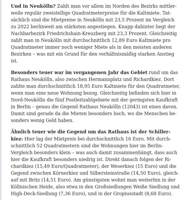 #Neukölln ist mal wieder an der Spitze! Die Mietpreise sind mit 23,5 Prozent im Vergleich zu 2022 berlinweit am stärksten angestiegen. Das berichtet der Tagesspiegel Newsletter Neukölln von heute. Der normale #Mietenwahnsinn.
siehe Screenshot