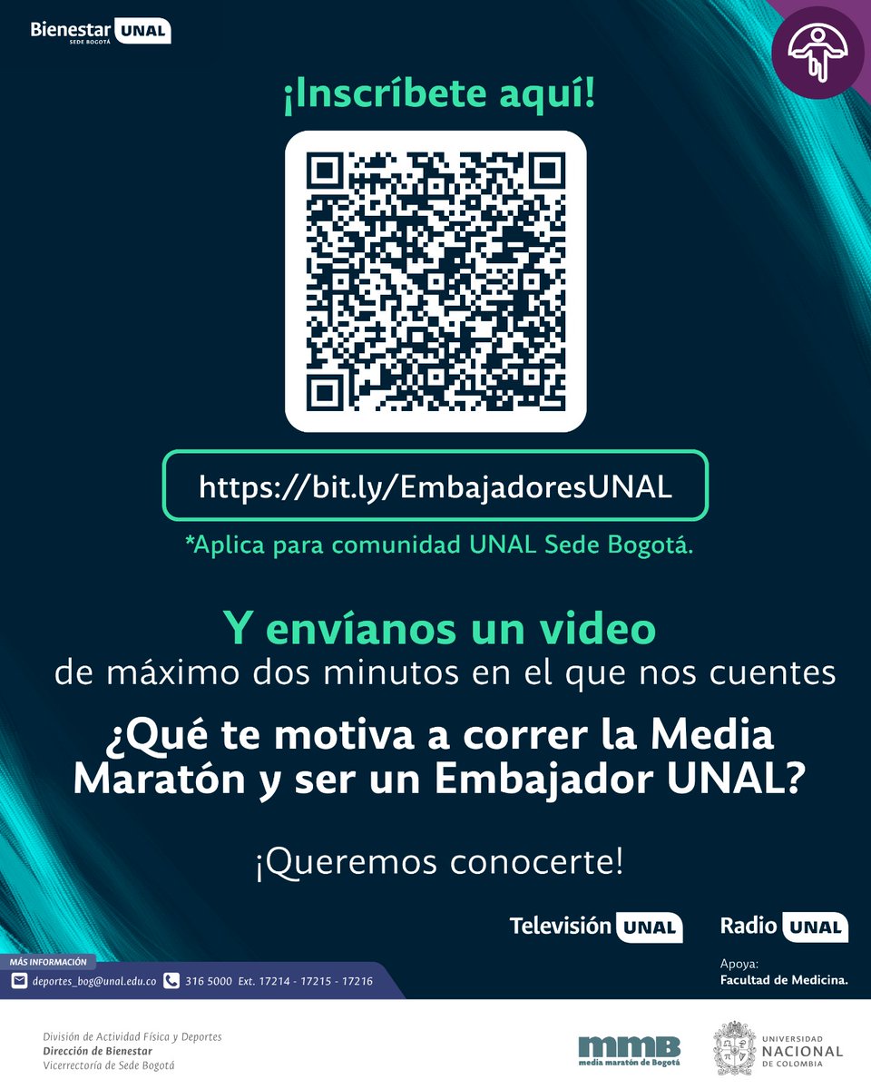 🏃‍♀️‍➡️Corre la Media Maratón de Bogotá con #EmbajadoresUNAL. Comparte tu historia en un video de dos minutos: ¿Quién eres y cuál es tu reto personal? Buscamos transformar la vida de 6 personas. Abierto a mayores de 14 años y personas con movilidad reducida.🧑‍🦽‍➡️