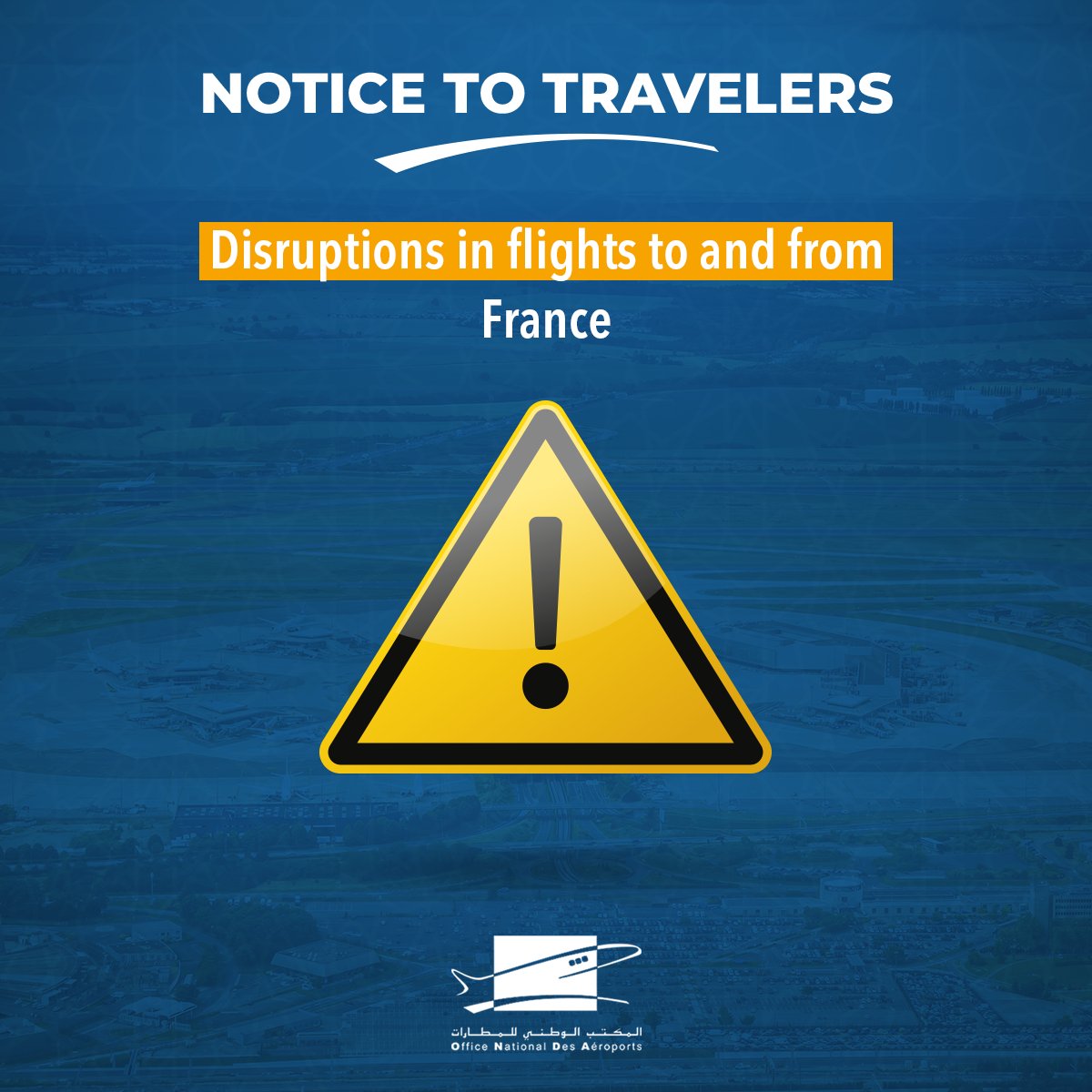 Due to the scheduled social movement in France on April 25th, 2024, we invite travelers to and from France to check their flights status by contacting their airlines before heading to the airport. #ONDA #AéroportsduMaroc #Airports