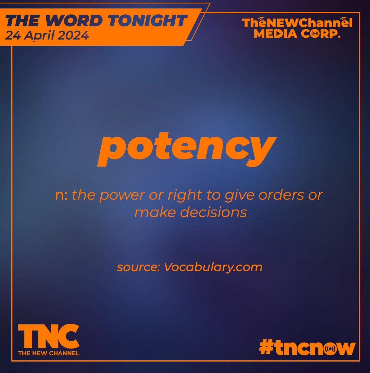 The Word Tonight

24 April 2024

potency
/ˈpoʊtnsi/

Noun

the power or right to give orders or make decisions
“a place of potency in the state”

Source: Find out how strong your vocabulary is and learn new words at Vocabulary.com.

#onTNC #Potency #TheWordTonightOnTNC
