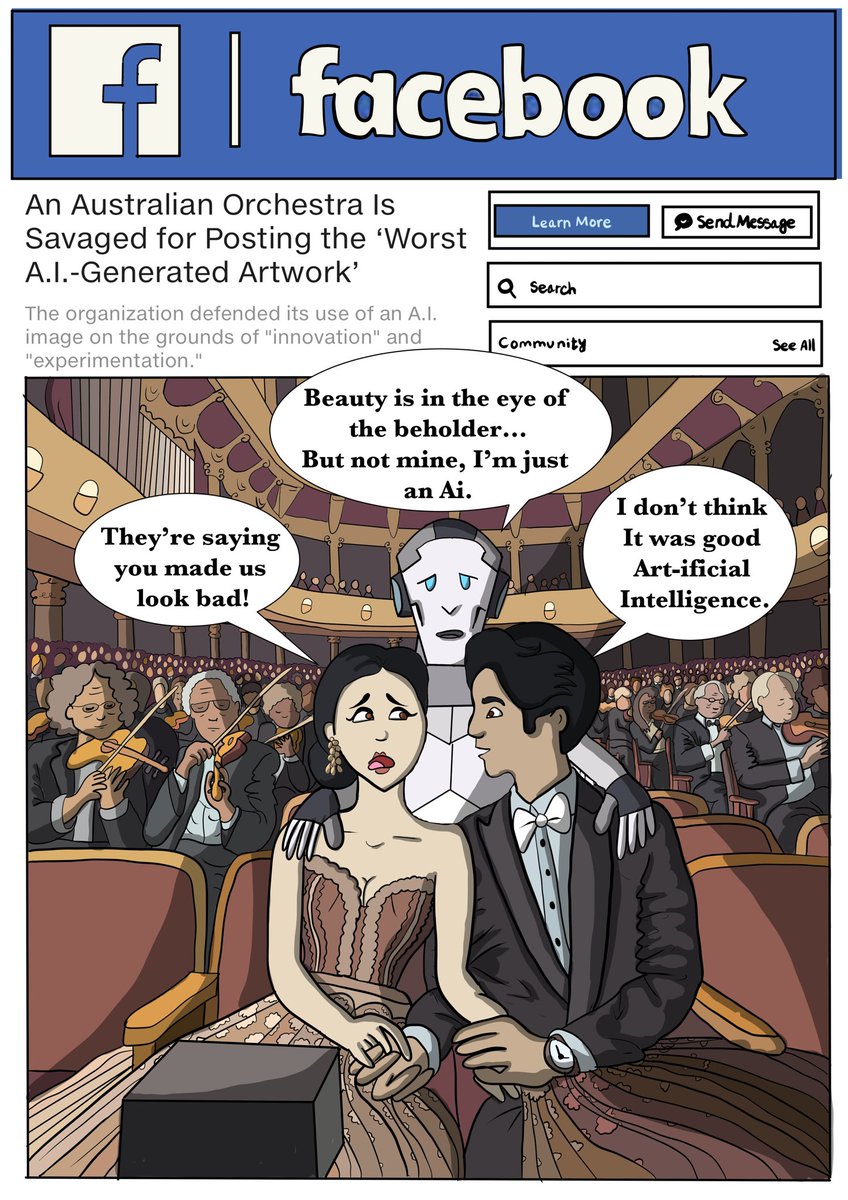 briony_trott's tweet photo. Another illustration I did for Arcadia! This one was about the opera house use of Ai in advertising that really didn’t look good 
 Her dress was coming out of the man’s hand, the people in the backgrounds faces started disappearing
 It definitely deserved to get ripped to shreds https://t.co/siCq8886Bb