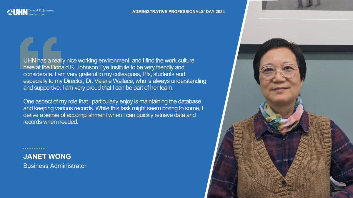 Happy #AdministrativeProfessionalsDay! We want to take a moment to thank and celebrate our amazing administrative staff who show compassion to our patients and teams every day. Meet Janet Wong, a business administrator @DKJEI_UHN @UHN.