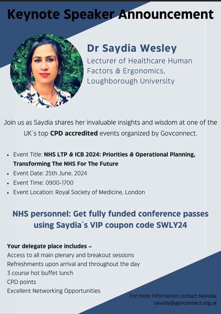 To all my wonderful NHS, academic, patient safety, & HFE friends, please feel welcome to use the code below to attend the amazing @Govconnect @RoySocMed Conference 🤗 @LboroDesign @pbnes @LuffJo @ErgoFran @iclanda @evi_carman @JoyfulUniverse #patientsafety #HFE