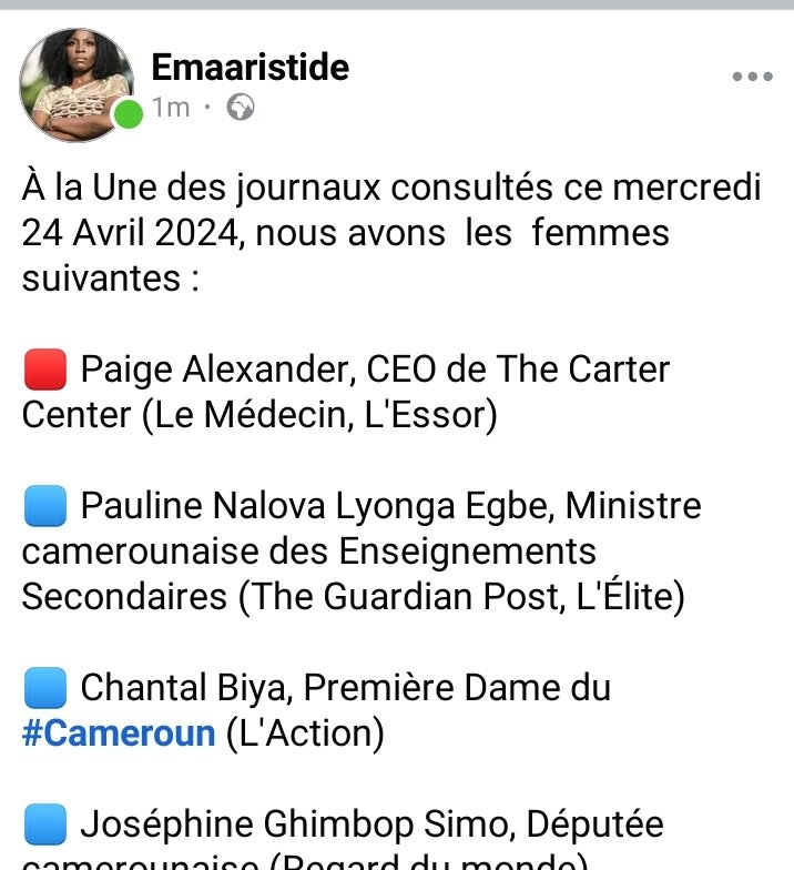 Ce 24 Avril 2024 au #Cameroun, 6/40 journaux, mettent les femmes en vitrine. Soit 15 %. 

#EmaaRevueUnesFemmes

#WomenInNews

#MediaRepresentation

#MediaBias

Voir suite en commentaire