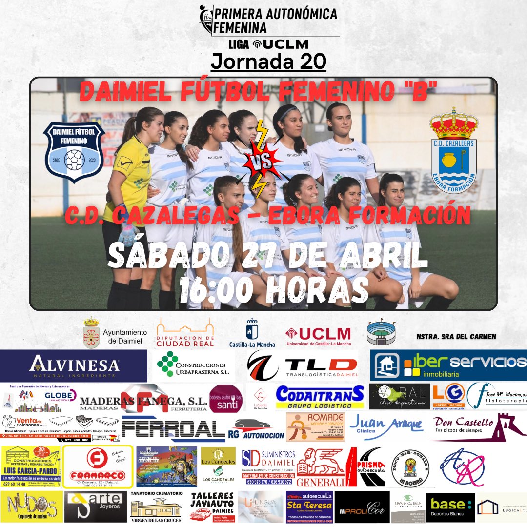 🔜 𝙋𝙍𝙊́𝙓𝙄𝙈𝙊 𝙋𝘼𝙍𝙏𝙄𝘿𝙊  | 𝙅. 𝟮𝟭

 🗓️ Sábado 27/04
 🏆 Liga UCLM 1ª Auto. Femenina. G2.
 🕕 16:00 Horas 
 🏟️ Nstra. Sra. del Carmen 
 🆚 C.D. Cazalegas - Ebora formación 

#daimielfutbolfemenino #primeraautonomicafem #Ligauclm #123abocaos #futfem 

🖤🤍💙