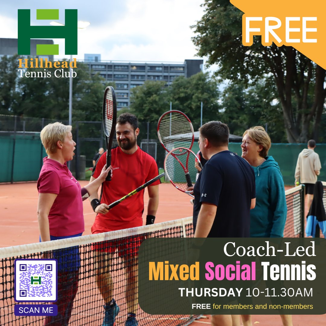 Join us every Thursday 10-11:30 AM for FREE, coach-led Social Tennis at Hillhead Tennis Club! Open to all, members & non-members. Book your spot now! bit.ly/3JrPVZ1 #tennis4all #socialtennis