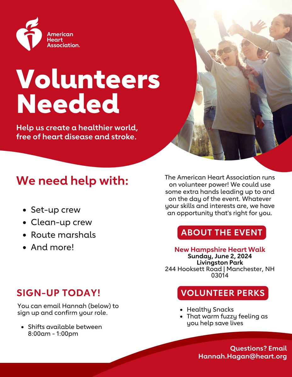 Want to help save lives? Please consider joining us for our Heart Walk on Sunday, June 2nd at Livingston Park in Manchester. We have lots of positions open and could use some extra hands! If you are interested please use reach out to the email on the flyer.
