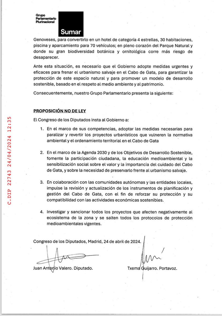 El hotel previsto en la bahía de Los Genoveses vulnera la normativa del Parque Natural Cabo de Gata-Níjar y amenaza su biodiversidad. Desde @sumar hemos presentado una propuesta para frenar el proyecto y el urbanismo salvaje que promueve la @AndaluciaJunta verdesequo.es/instamos-al-co…