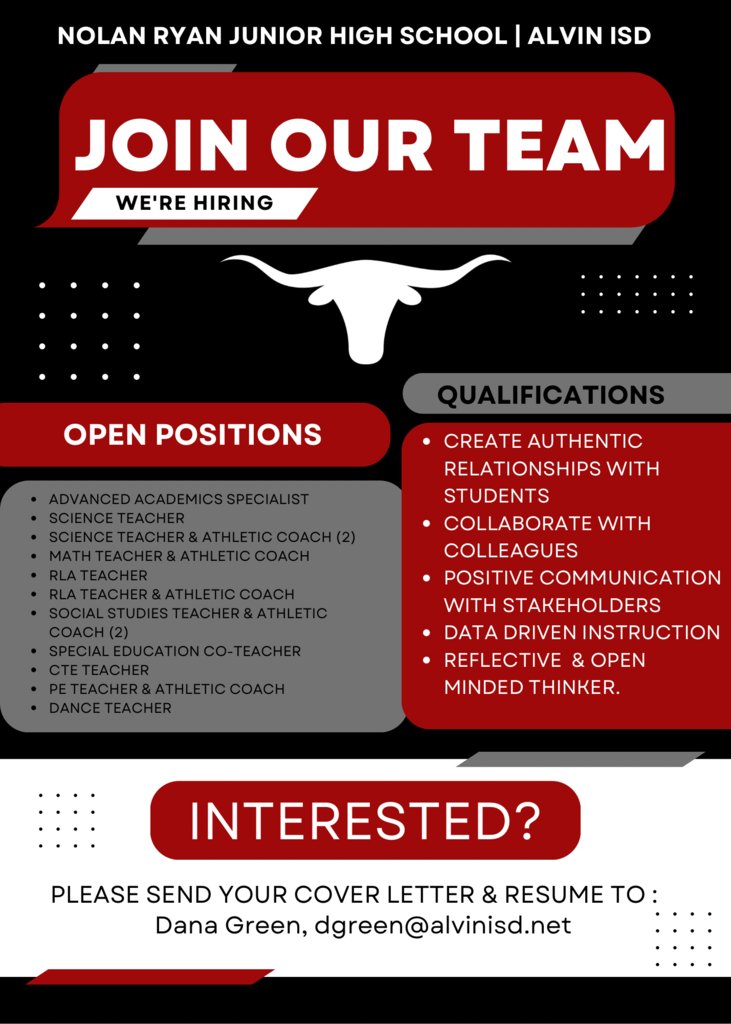 NolanRyanJH's tweet photo. NRJH is looking for amazing educators to join our Longhorn family for the 2024-25 school year. If you are interested in working at one of the best campuses with the best people in Alvin ISD, send a cover letter and your resume to our principal, Dana Green. https://t.co/n8j7xpzgd6