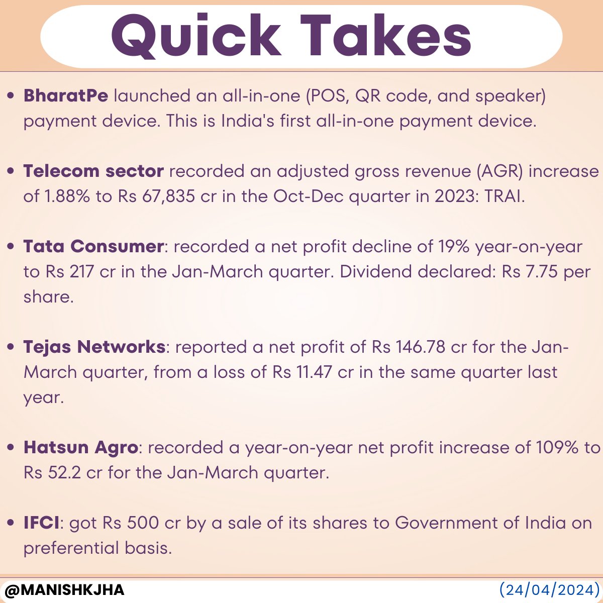 Dear all, here are some quick updates from different companies inside the market📈.

#BharatPe #Telecom #TataConsumer #TejasNetworks #HatsunAgro #IFCI #StocksToWatch #Updates #ManishKJha