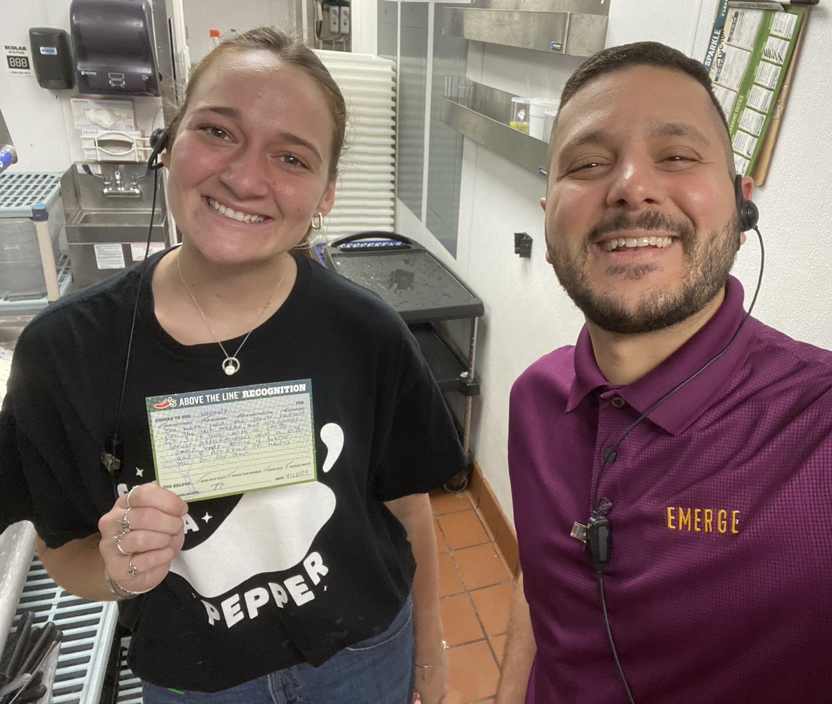 (Kennedy doesn’t like photos but here we are) Cheers to you Kennedy, for always creating an amazing experience for the guest! She is always leading the scoreboard and right now is at 100% server attendance and 0% GWAP! ❤️🌶️🙌🏻 #chilislove