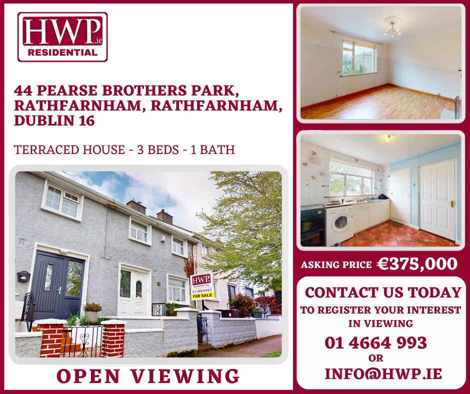 Open Viewing! 27/04/2024😀🏠
Saturday @ 11:30 - 12:00pm.
Check This Out!
44 Pearse Brothers Park, Rathfarnham, Dublin 16
 youtu.be/s5aaNhW5bOc
ww1.daft.ie/119291136
Register Your Interest!
☎️ 01 4664 993 ✉️ info@hwp.ie
#openviewing #hwpestateagents
 #dublinproperty