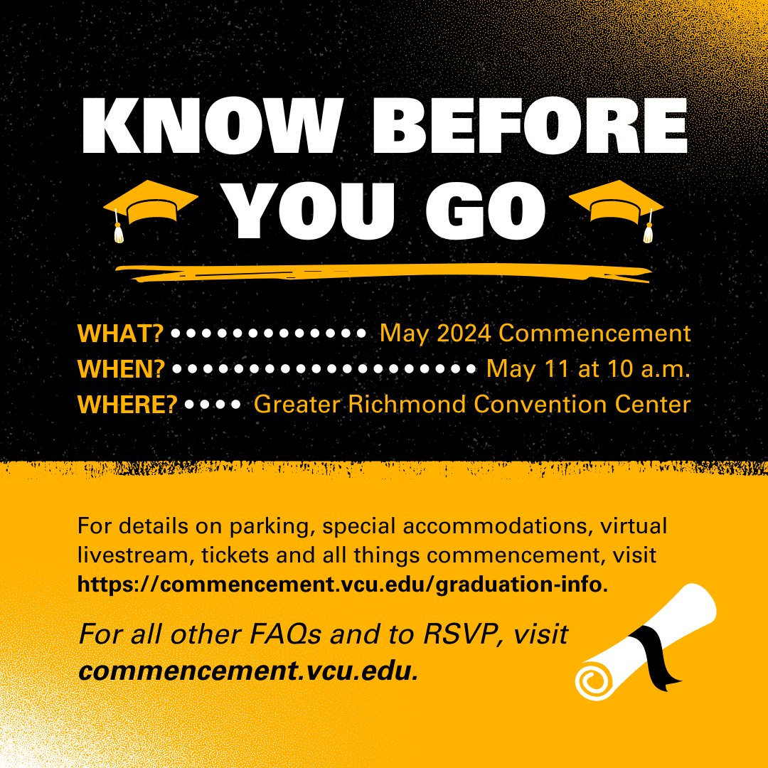 Graduating Rams, make sure to RSVP for commencement on Saturday, May 11 via the following link! Here's the know before you go details to get you prepared for the big day! Congrats to the Class of 2024! #VCU #VCU2024 For all other FAQs and to RSVP, visit: commencement.vcu.edu