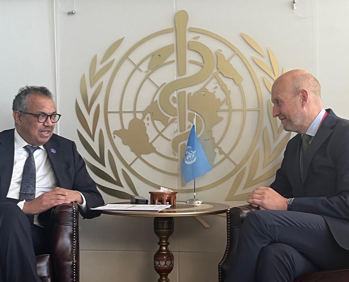 NorwayInGeneva's tweet photo. Thank you @DrTedros for the cooperation! 

From pandemic prevention, preparedness &amp; response, to SRHR, health system strengthening and importance of a strong, sustainably financed and accountable WHO - many areas of collaboration between Norway &amp; @WHO 🇺🇳🇳🇴

 #IHR #INB #SRHR https://t.co/Y95kz06o5I