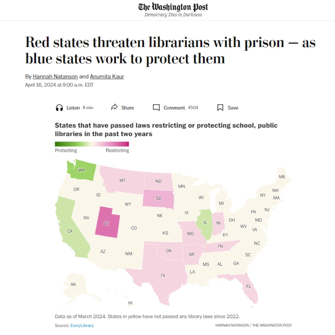 📰 In #LibraryNews, @washingtonpost took a 👀look at recent #legislation across the United states regarding #BookBans, #censorship, and removing librarian exemptions from obscenity laws. Read the full article at 🔗tinyurl.com/librarylegisla… #PublicLibraries #IntellectualFreedom