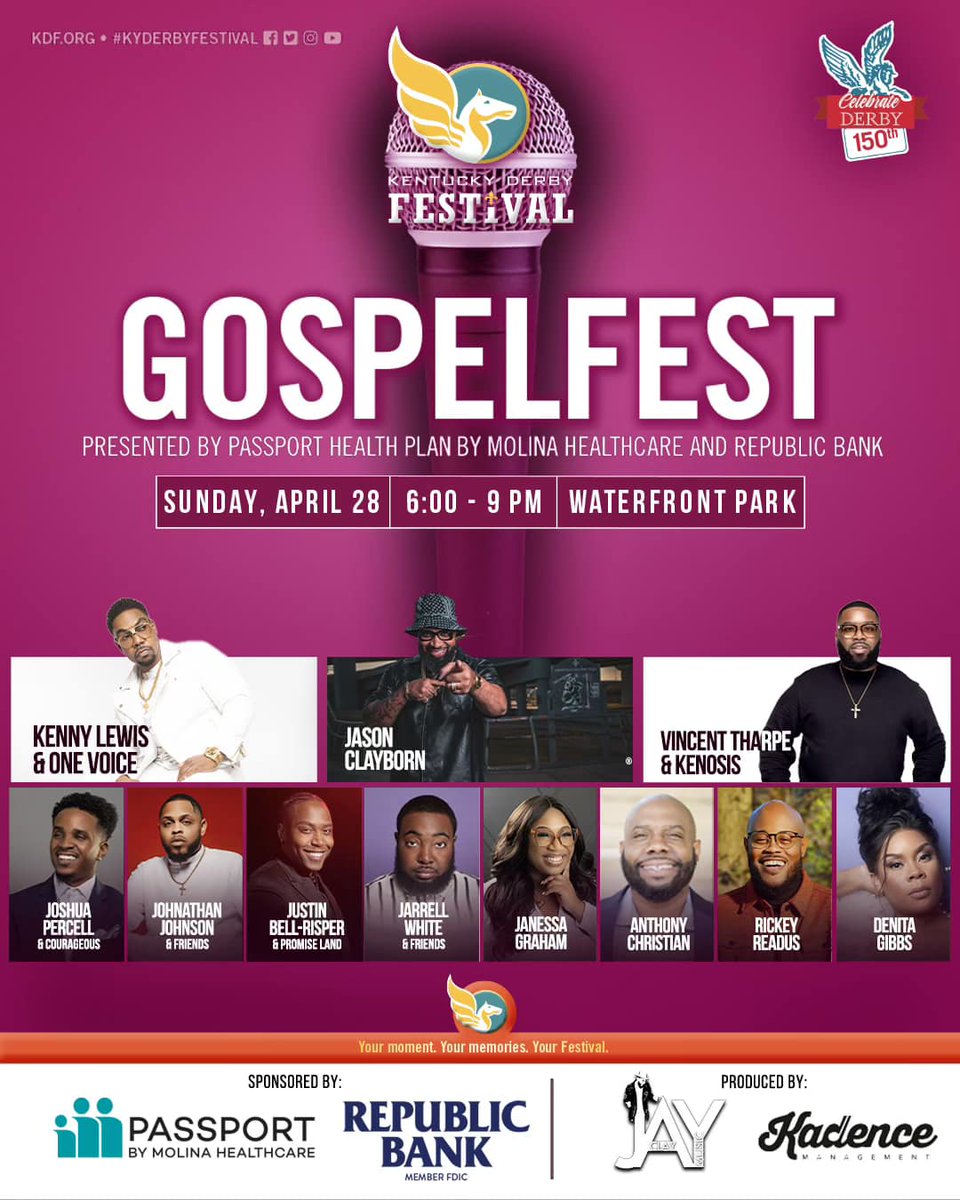 Are you ready for Gospelfest? Join us on the Waterfront Park on April 28, 2024 from 6-9pm. Don't forget to get your Kentucky Derby Pin! #ssclive @kwcosby