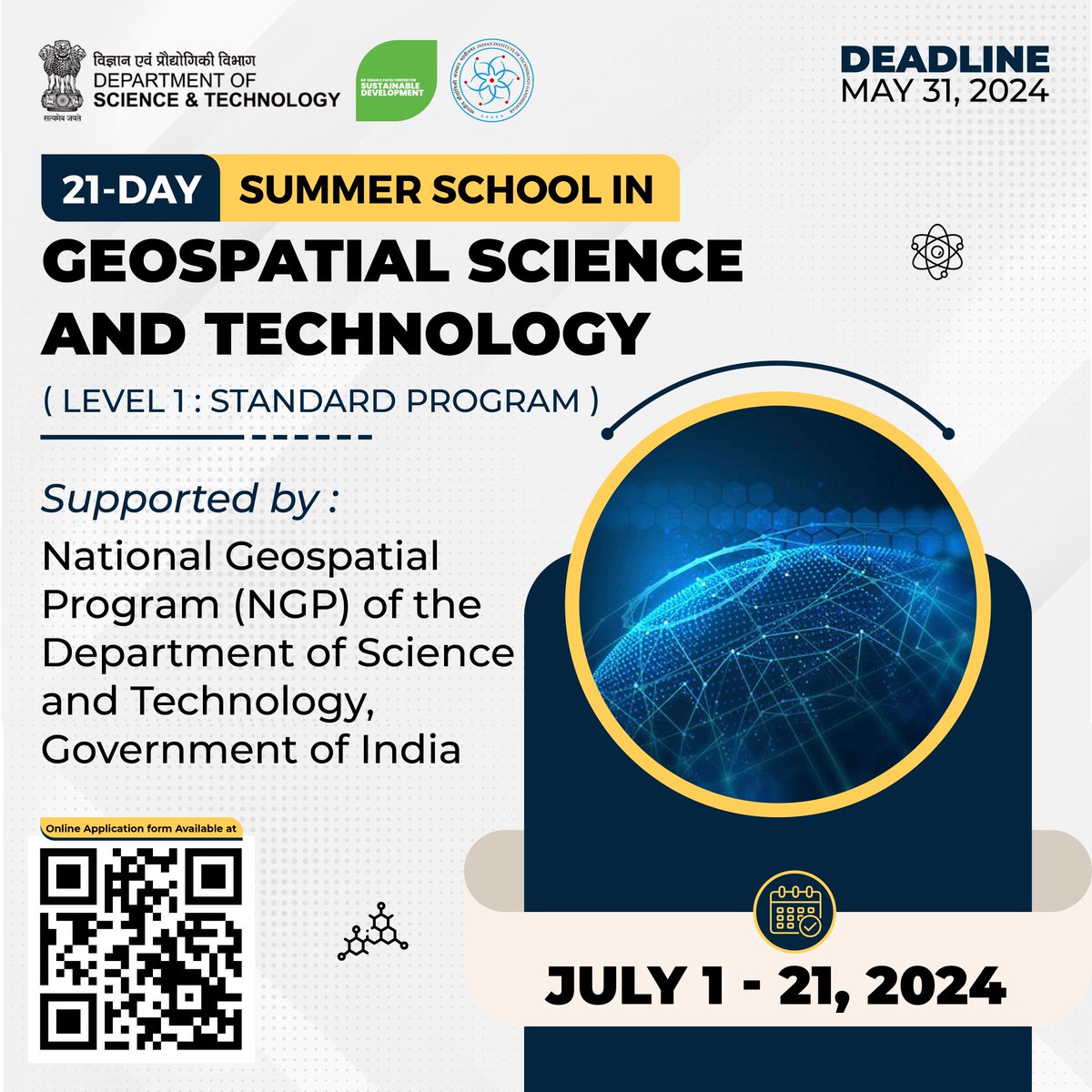 Dr Kiran C Patel Centre for Sustainable Development at IITGN is organising a 21-day Summer School in Geospatial Science and Technology (Level 1: Standard Program) from July 1-21, 2024. Supported by the National Geospatial Program (NGP) of @IndiaDST