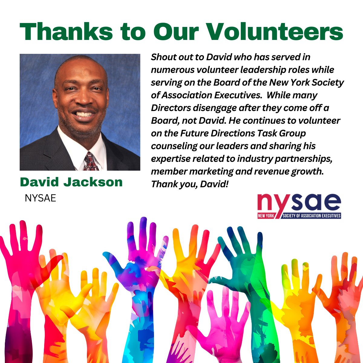 Honoring David Jackson, a leader &amp; dedicated volunteer for the <a href="/NYSAE/">Kim</a> this #NationalVolunteerWeek!  Thank you, David! #ThankYouVolunteers #OneKellen #NSAE