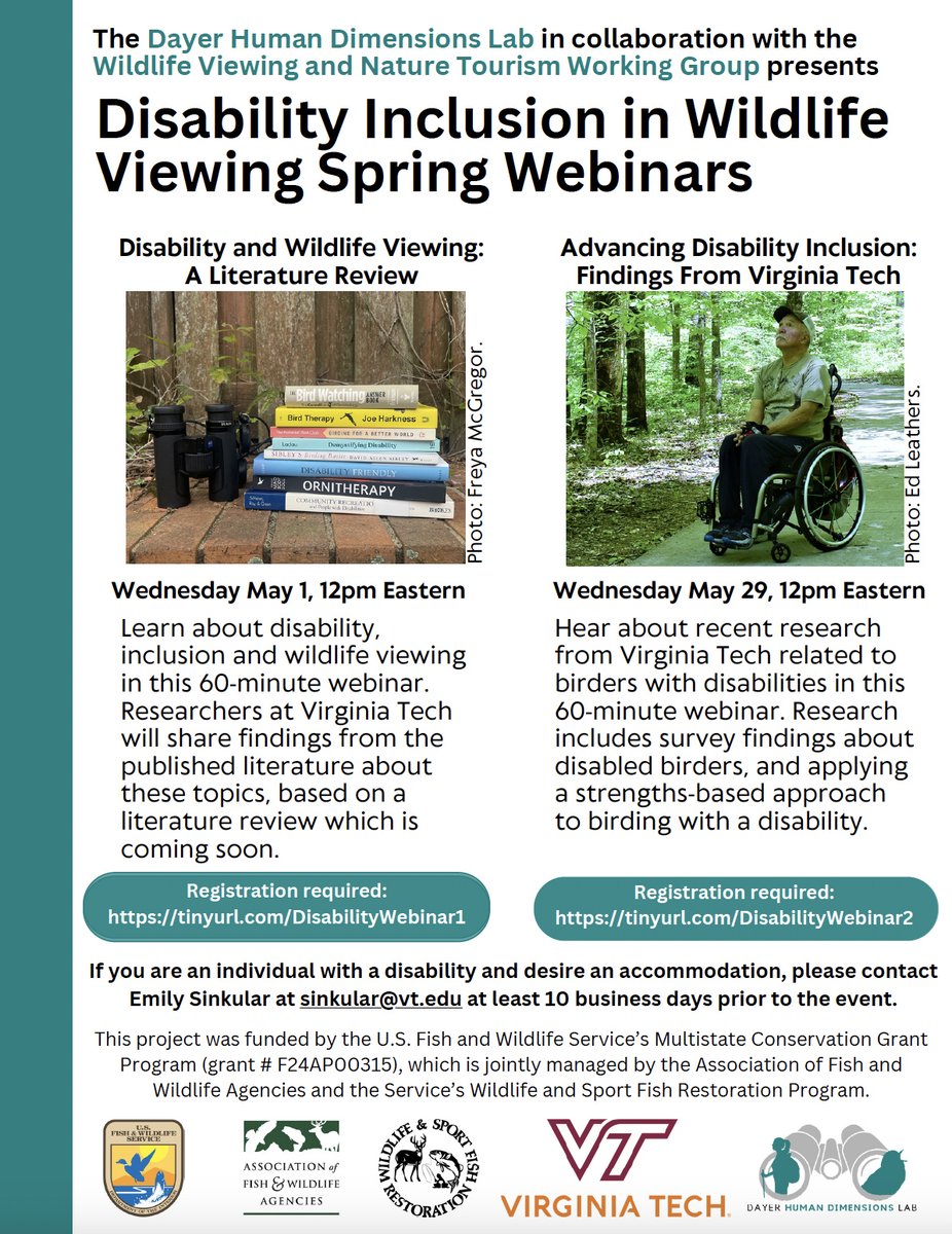 Virginia Tech CNRE (@vt_cnre) on Twitter photo Associate Professor Ashley Dayer’s lab <a href="/DayerLab/">Dr. Ashley Dayer</a>, along with a nature tourism group, will hold two webinars regarding challenges faced by individuals with disabilities when observing wildlife. Registration is required. See details of topics and registration in graphic. Associate Professor Ashley Dayer’s lab <a href="/DayerLab/">Dr. Ashley Dayer</a>, along with a nature tourism group, will hold two webinars regarding challenges faced by individuals with disabilities when observing wildlife. Registration is required. See details of topics and registration in graphic.