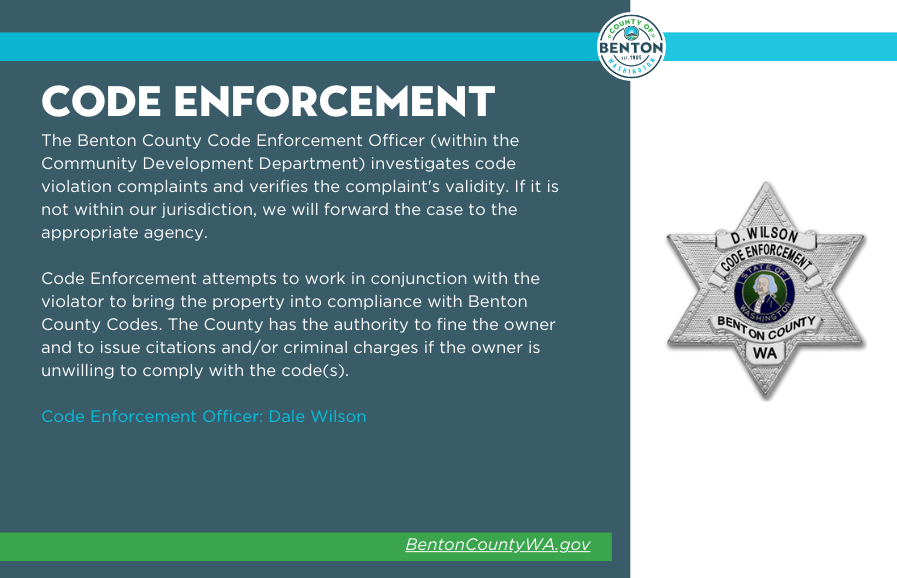 April is National County Government Month.  Did you know Benton County has a Code Enforcement Officer?  Ever wonder what the job entails? 

#bentoncountywa #NationalCountyGovernmentMonth